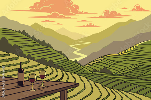52 Sunset over terraced rice fields, mountainous landscape, golden light, two wine glasses in foreground, wooden table, dramatic sky, misty valleys, lush green terraces, aerial view, cinematic lightin