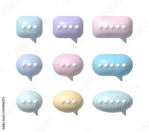 Set of nine pastel colored 3D speech bubbles with embossed dots, soft shadows on a white background. 3d chat bubble representing messaging, communication, and conversation in a modern digital style.