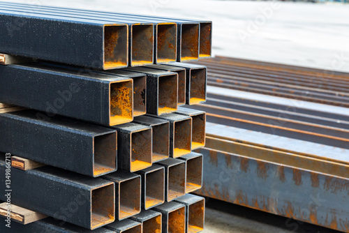  Stack of steel rectangular tubes at industrial construction site with rusty edges and metal beams in background.