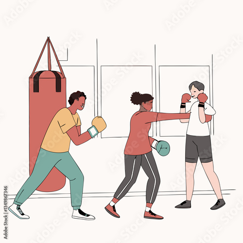 Set of people punching box, fighting sparring partner and hitting boxing bows in trainer hands
