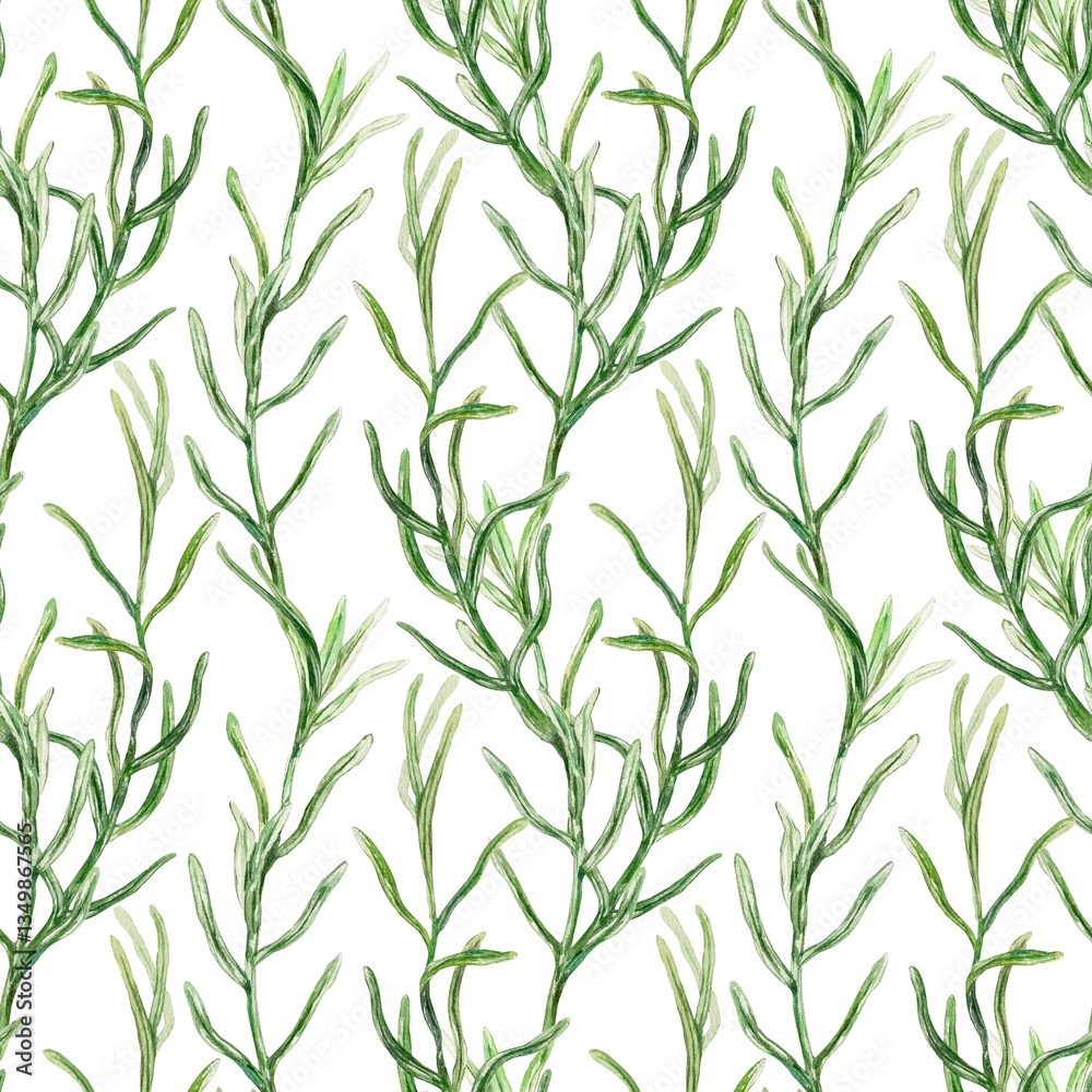 Green twigs seamless pattern. Hand drawn watercolor illustration of vegetation isolated on white. For textile, covers, fabric, wrapping paper, wallpaper. Green twigs seamless pattern. Hand drawn watercolor illustration of vegetation isolated on white. For textile, covers, fabric, wrapping paper, wallpaper.