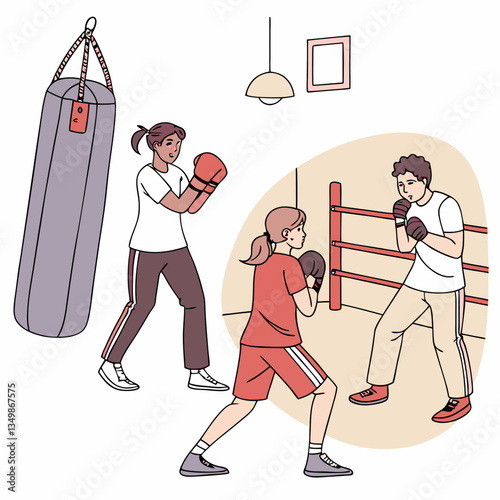 Set of people punching box, fighting sparring partner and hitting boxing bows in trainer hands