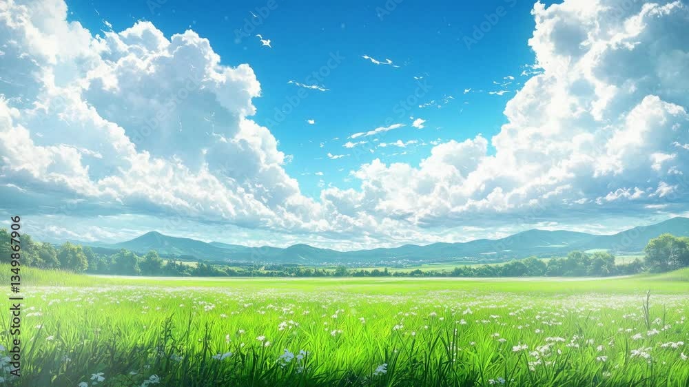 Colorful anime style oil painting beautiful landscape view of a blue sky clouds green and blue colors animated virtual backgrounds, stream overlay loop, 4k motion graphic background animation video