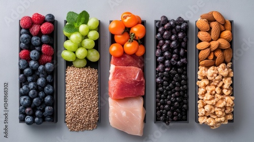 Healthy food variety arrangement on gray surface photo