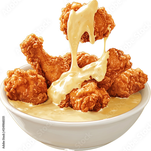 Crispy Fried Chicken with Creamy Sauce Dripping Down, Fried Chicken Drumsticks Covered in Delicious Sauce, Golden Fried Chicken with Saucy Drip on White Background, AI