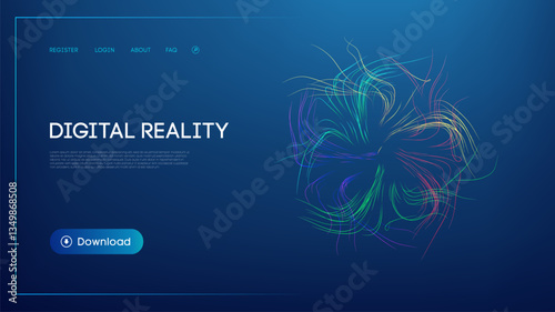 Futuristic digital reality website interface with glowing abstract lines, neon color waves, and a modern UI design on a dark background, representing virtual environments, immersive technology, and