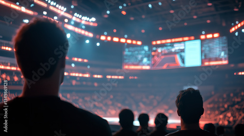 Three Fans Watching a Soccer Match in a Brightly Lit Stadium with Large Screens and a Packed Crowd