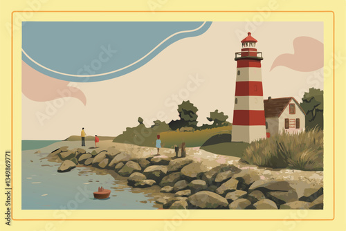 54 Miniature lighthouse diorama, tilt-shift photography, coastal scene, rocky shore, tiny people figures, warm sunlight, selective focus, red and white striped lighthouse, scale model, detailed miniat