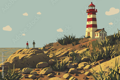 54 Miniature lighthouse diorama, tilt-shift photography, coastal scene, rocky shore, tiny people figures, warm sunlight, selective focus, red and white striped lighthouse, scale model, detailed miniat