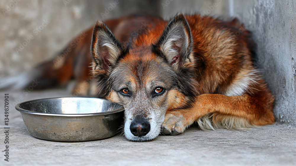 Obraz premium A dog enjoying a meal from its bowl depicting food allergies in a cozy kitchen environment with a focus on the pet's happiness.