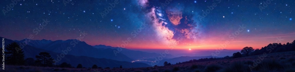 Celestial tapestry of twinkling stars above a serene landscape at dusk, nature, darkness Celestial tapestry of twinkling stars above a serene landscape at dusk, nature, darkness