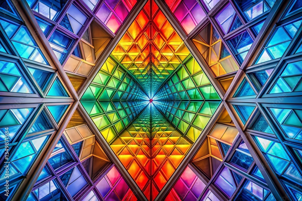 Rainbow Geometric Kaleidoscope: Vibrant Triangular Architectural Design Rainbow Geometric Kaleidoscope: Vibrant Triangular Architectural Design