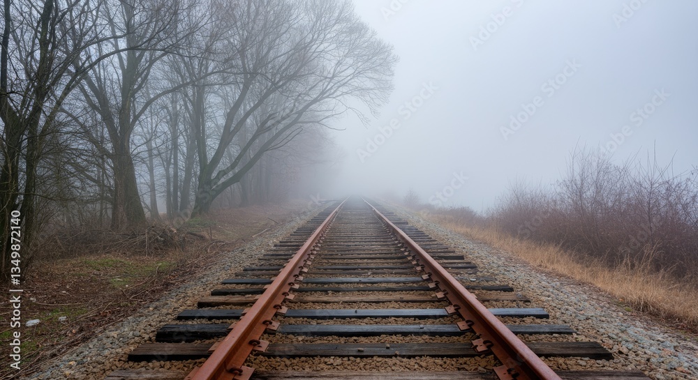 Foggy railroad track through bare trees and shrubs, creating eerie, mysterious atmosphere Foggy railroad track through bare trees and shrubs, creating eerie, mysterious atmosphere