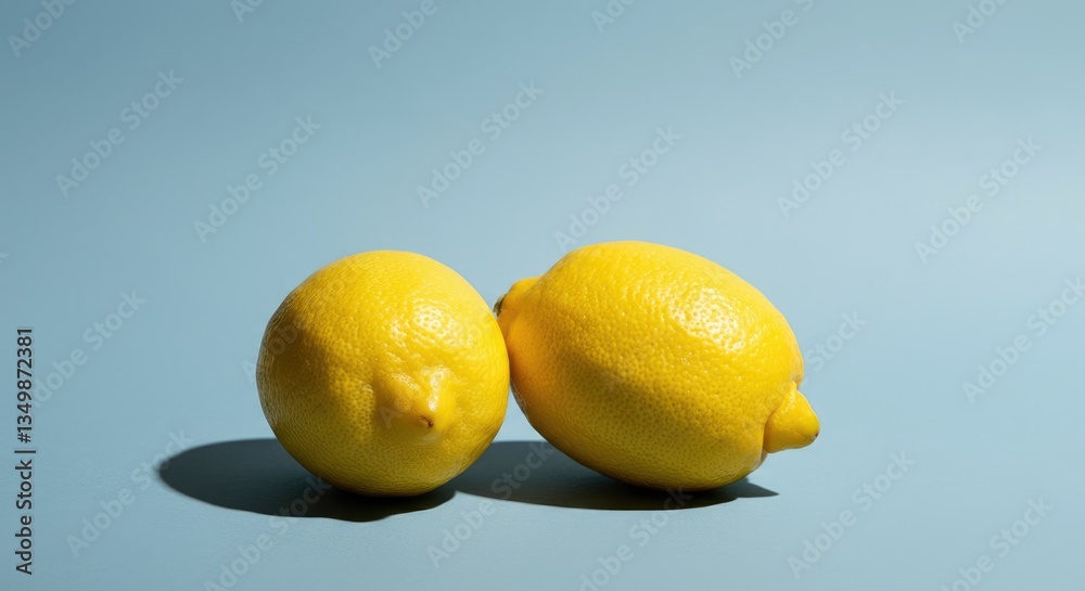 Two bright yellow lemons on light blue background Two bright yellow lemons on light blue background