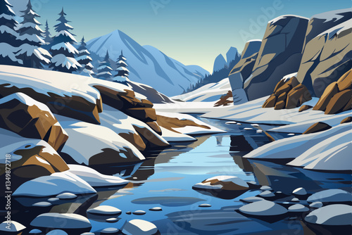 winter landscape with river with snowy mountains rocks and snow cartoon background
