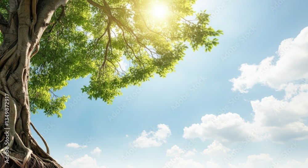 Fototapeta premium Sunlight filtering through large tree canopy against clear blue sky