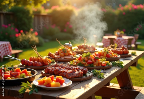 stylized outdoor bbq setup featuring vibrant grilled delicacies colorful accessories gourmet presentation techniques, barbecue, cooking, food, meat