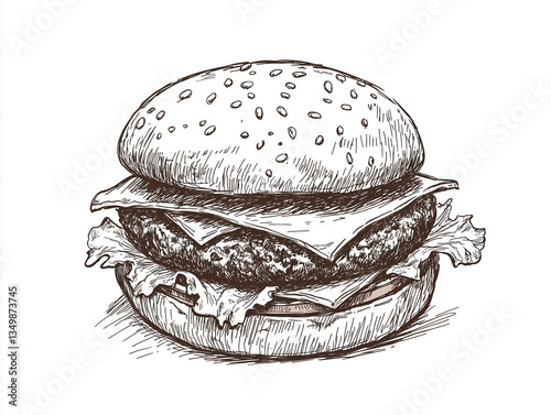 Hand-drawn sketch of a classic cheeseburger with lettuce and cheese