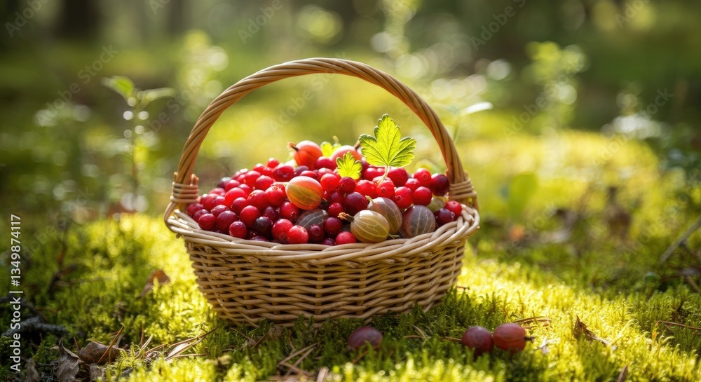 Wicker basket filled with assorted berries in forest moss