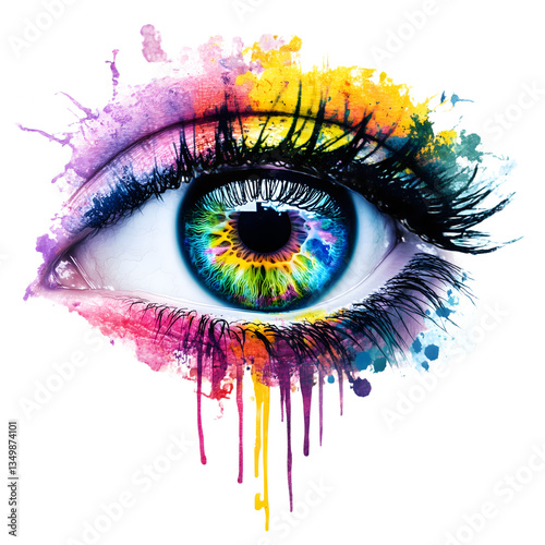 Vibrant colorful eye watercolor paint isolated on transparent background