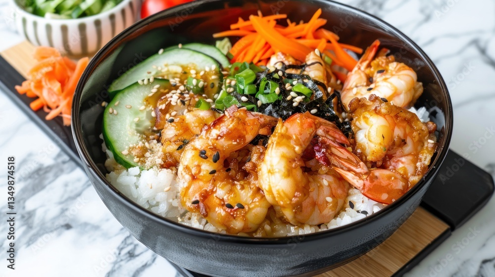 Delicious Shrimp Bowl with Rice, Cucumber, Carrots, and Sesame Seeds Delicious Shrimp Bowl with Rice, Cucumber, Carrots, and Sesame Seeds
