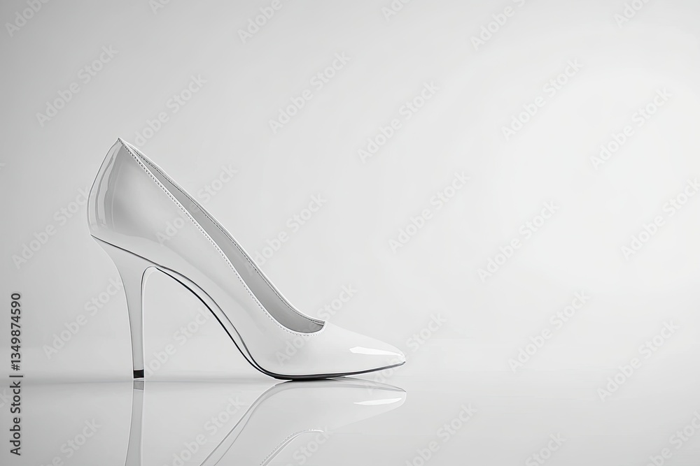 White High Heel Shoe on Reflective Surface in Studio White High Heel Shoe on Reflective Surface in Studio