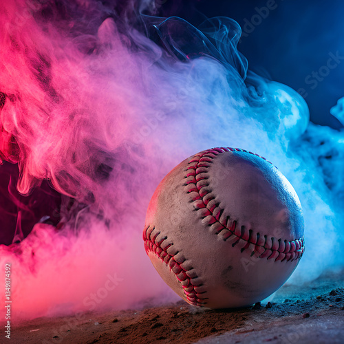 Baseball ball on a blue background with sports equipment and leather details, isolated for competition and play photo