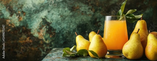 Golden Pear Refreshment: A refreshing scene featuring a vibrant glass of pear juice alongside a collection of fresh pears.
