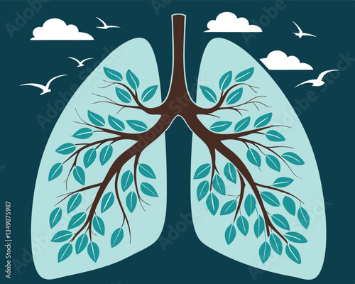 Healthy lungs illustrated with tree branches and green leaves symbolizing clean breathing. 