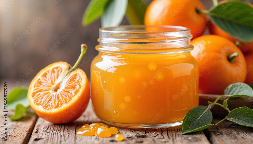 Mandarin jam jar with fresh fruit on rustic table, comforting warmth