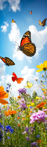 Colorful Butterflies Fluttering Over Blooming Flowers Under a Blue Sky