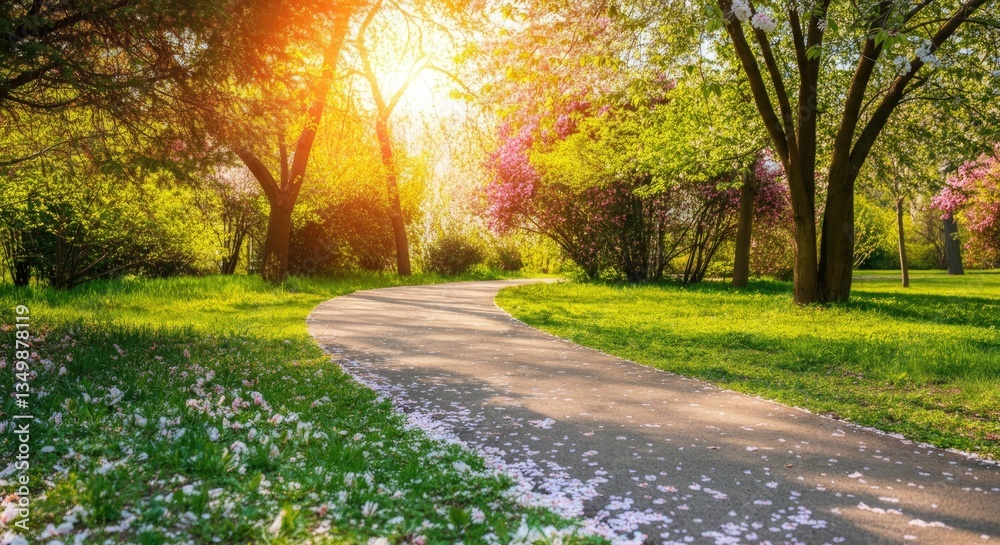Fototapeta premium Serene park pathway lined with trees in bloom during spring sunset