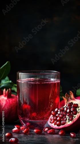 Ruby Elixir: A close-up of a refreshing pomegranate juice elegantly served in a tall glass, with slices of juicy fruit, offering a vibrant depiction of natural health and gourmet indulgence.