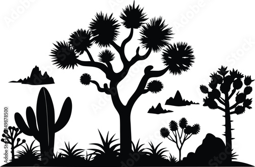joshua tree, cacti, agaves, and prickly pear   black  silhouette  vector