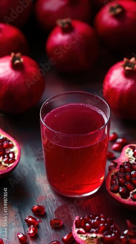 Pomegranate Delight: A glass of vibrant pomegranate juice is surrounded by whole and freshly halved pomegranates, offering a visually appealing celebration of healthy indulgence.
