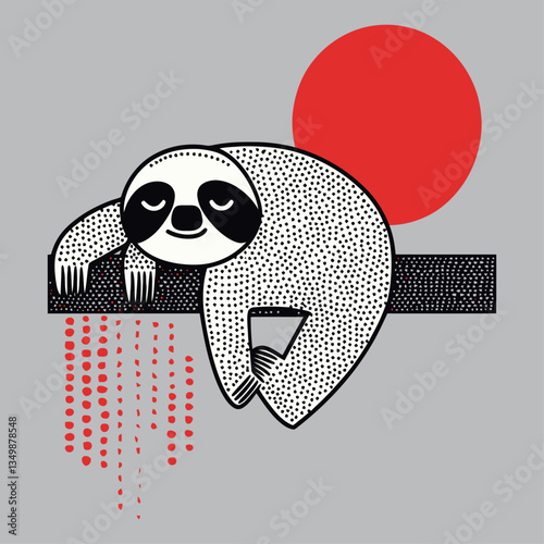 Cute Cartoon Sloth Relaxing on a Branch with Red Sun Background