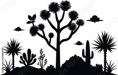 joshua tree, cacti, agaves, and prickly pear   black  silhouette  vector