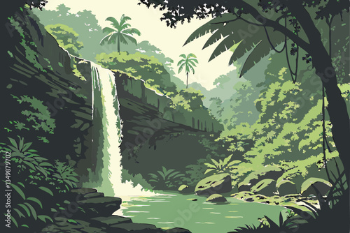 57 Lush tropical rainforest, cascading waterfall, serene pool, vibrant green foliage, dense jungle vegetation, ferns and palms, tranquil oasis, dappled sunlight, mist and spray, natural stone formatio