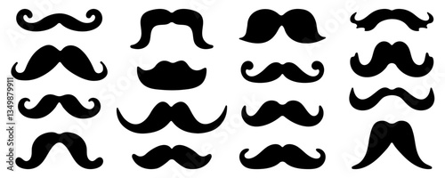 Collection of vector illustrations displaying diverse mustache styles in black silhouette. Ideal for design projects, fashion concepts, and grooming themes.