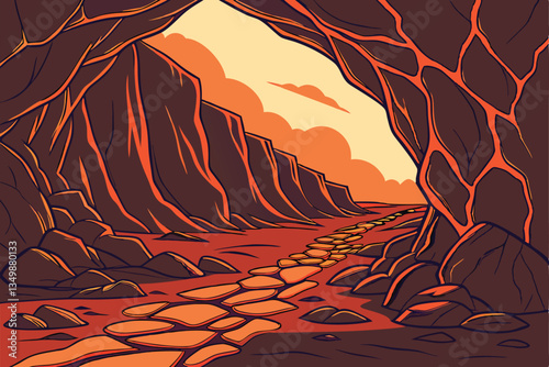 58 Glowing lava cave, molten rock formations, fiery red and orange hues, dark volcanic tunnel, narrow passage, rugged textures, intense heat, dramatic lighting, geological wonder, underground magma fl