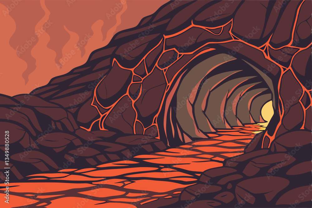58 Glowing lava cave, molten rock formations, fiery red and orange hues, dark volcanic tunnel, narrow passage, rugged textures, intense heat, dramatic lighting, geological wonder, underground magma fl
