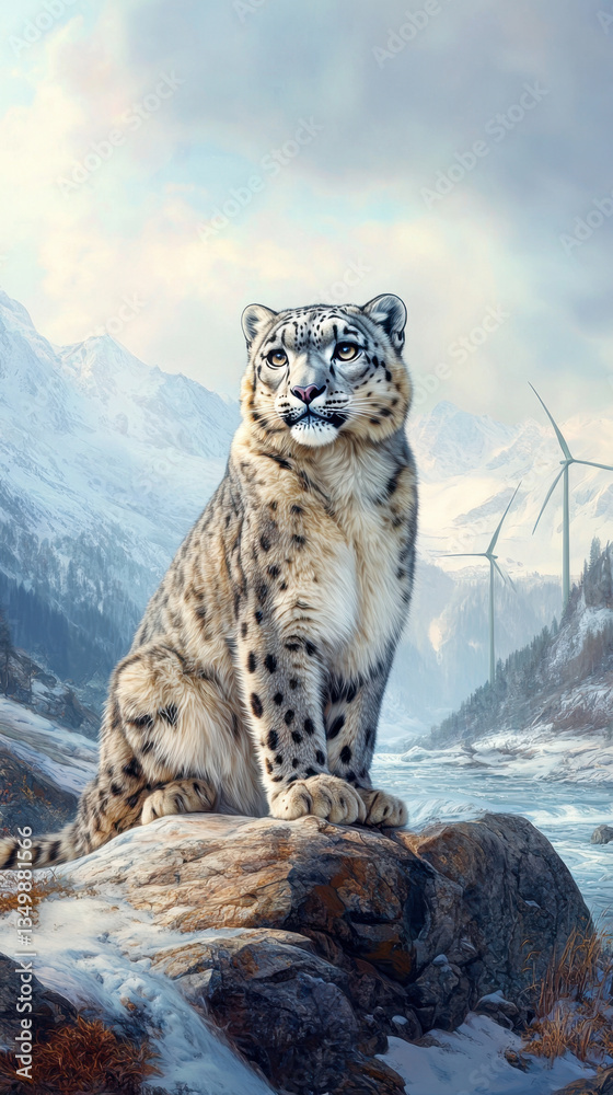Obraz premium A majestic snow leopard perches on a rock, overlooking a stunning mountainous landscape with windmills in the background, symbolizing nature and wildlife conservation.