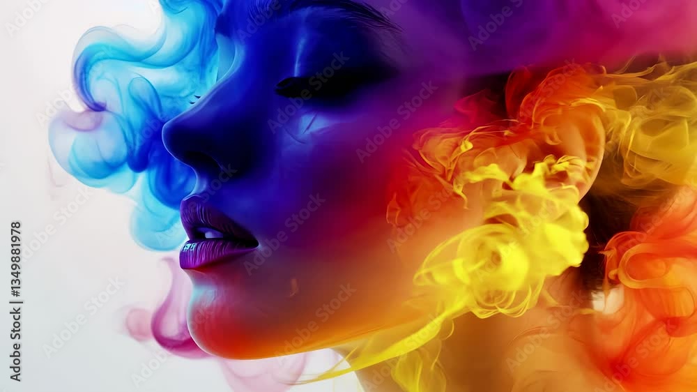Woman with colorful smoke coming out of her head. Woman paints face on a white background. A girl with hair colored in a hat. A woman with vibrant smoke emanating from her lifestyle head. Woman with colorful smoke coming out of her head. Woman paints face on a white background. A girl with hair colored in a hat. A woman with vibrant smoke emanating from her lifestyle head.