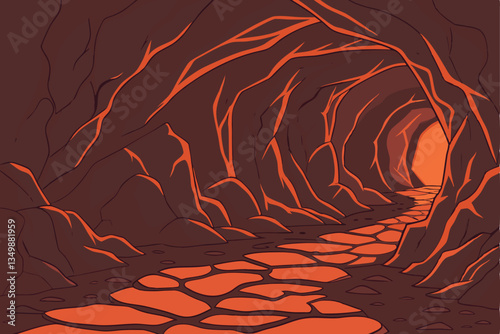 58 Glowing lava cave, molten rock formations, fiery red and orange hues, dark volcanic tunnel, narrow passage, rugged textures, intense heat, dramatic lighting, geological wonder, underground magma fl