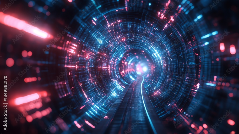 Navigating a Futuristic Tunnel with Glowing Lights and Rails Perspective Navigating a Futuristic Tunnel with Glowing Lights and Rails Perspective