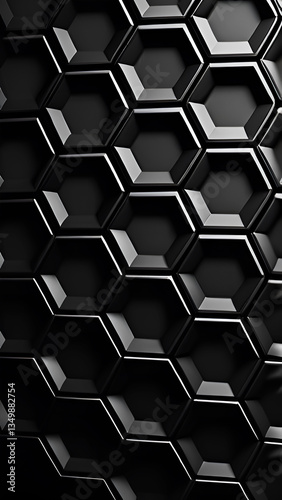 Abstract seamless black metallic hexagonal pattern.