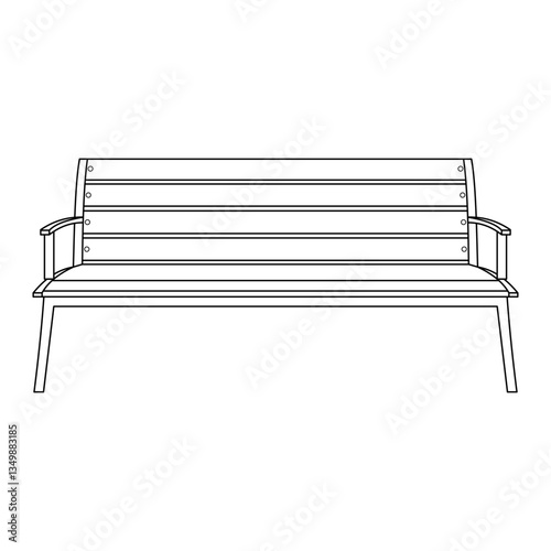 Wooden Bench Outline Vector Illustration. A black and white vector illustration of a classic wooden park bench with horizontal slats on the backrest and seat.