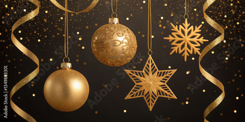 Luxurious Festive Ornaments with Shimmering Gold Accents Against a Dark Background


