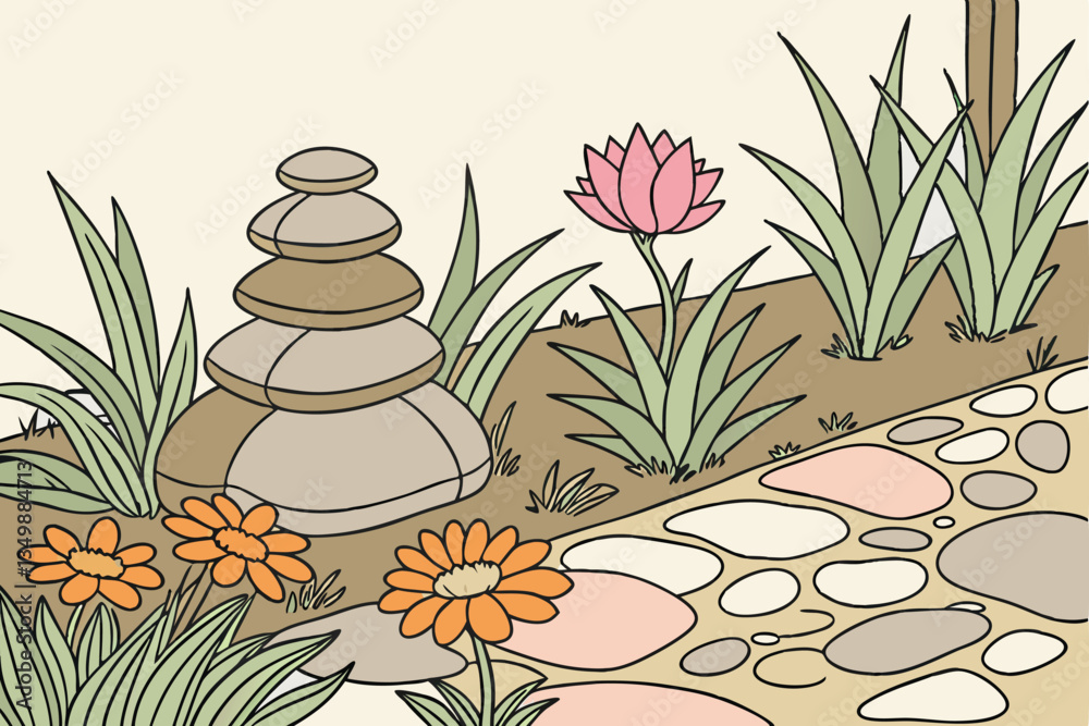59 Zen garden, stacked stones, colorful succulents, vibrant flowers, smooth pebbles, macro photography, shallow depth of field, soft lighting, tranquil atmosphere, balanced composition, natural textur