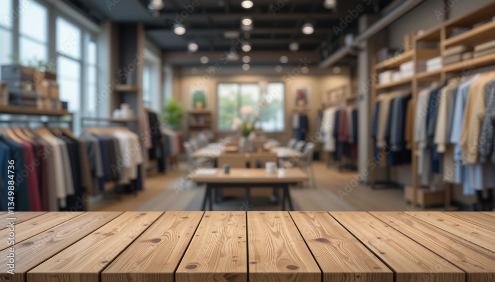 Empty wooden table top with clothing store background Empty wooden table top with clothing store background